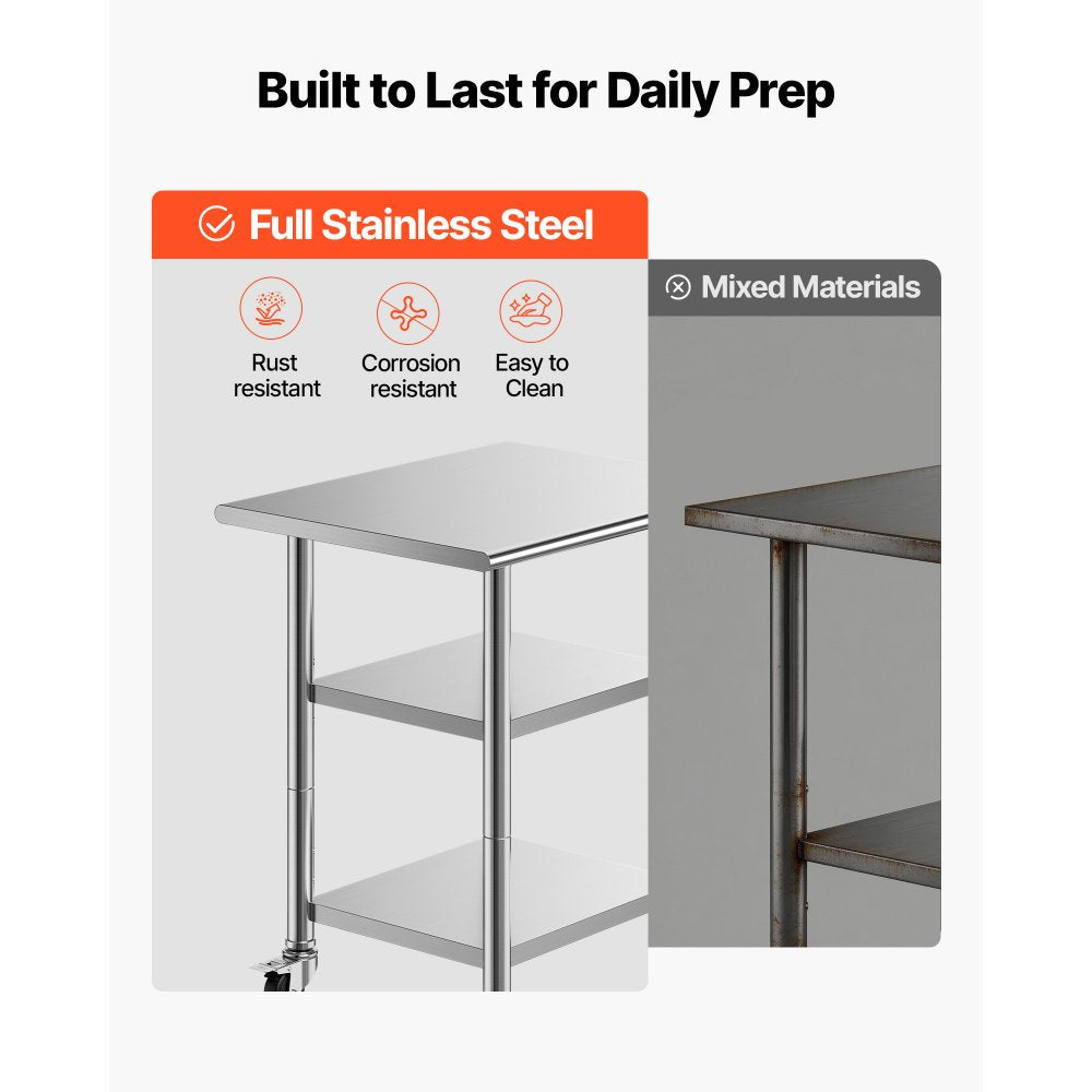 VEVOR Stainless Steel Work Table, 24x30 Inch Food Prep Table with 2 Shelves and Wheels, Commercial Kitchen Workstation