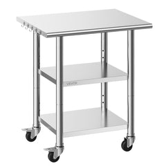 VEVOR Stainless Steel Work Table, 24x30 Inch Food Prep Table with 2 Shelves and Wheels, Commercial Kitchen Workstation