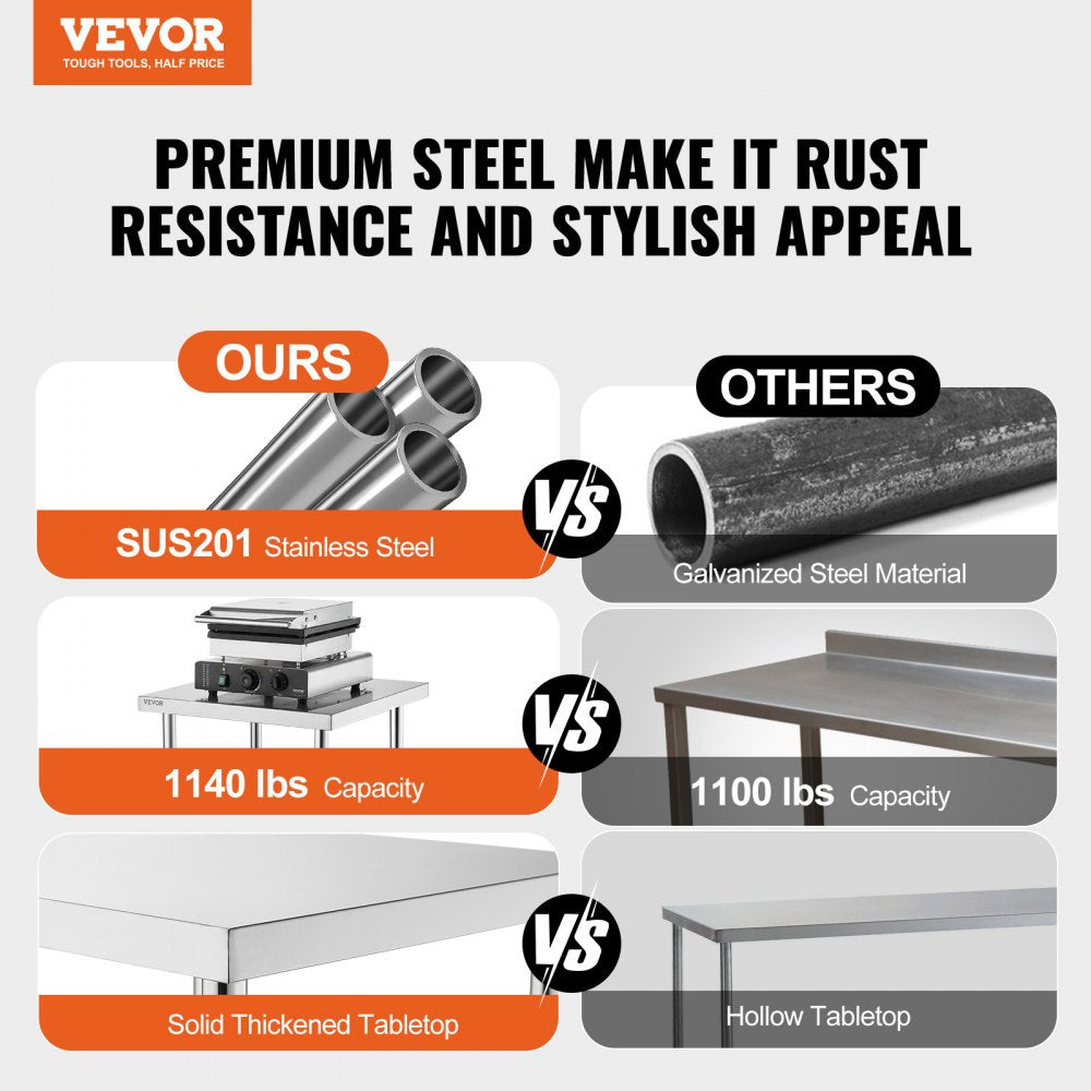 VEVOR Stainless Steel Food Prep Table, 14 x 48 x 34 Inch Commercial Kitchen Worktable, with 2 Adjustable Undershelf