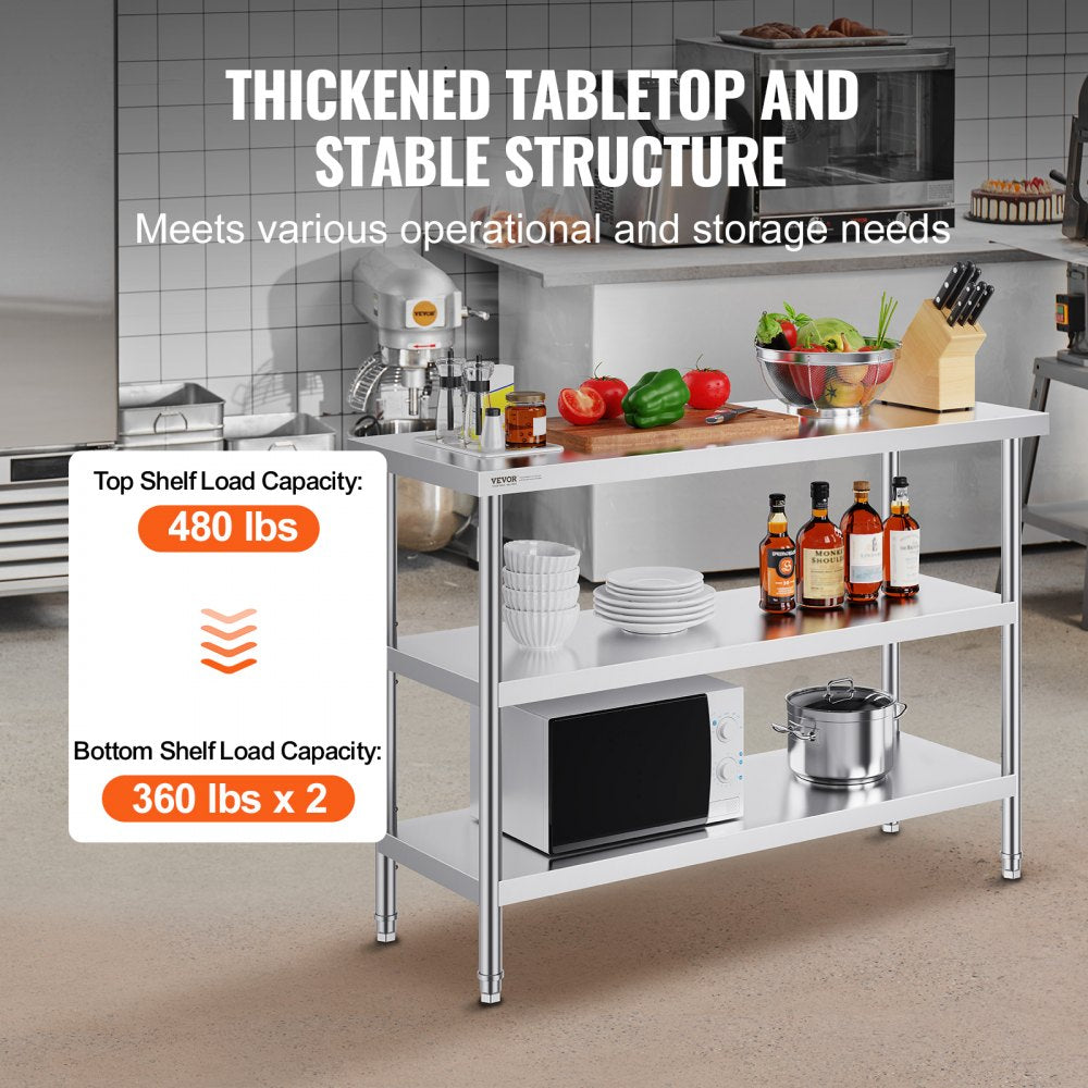 VEVOR Stainless Steel Food Prep Table, 18 x 48 x 34 Inch Commercial Kitchen Worktable, with 2 Adjustable Undershelf