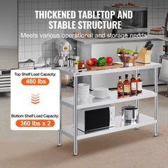 VEVOR Stainless Steel Food Prep Table, 18 x 48 x 34 Inch Commercial Kitchen Worktable, with 2 Adjustable Undershelf