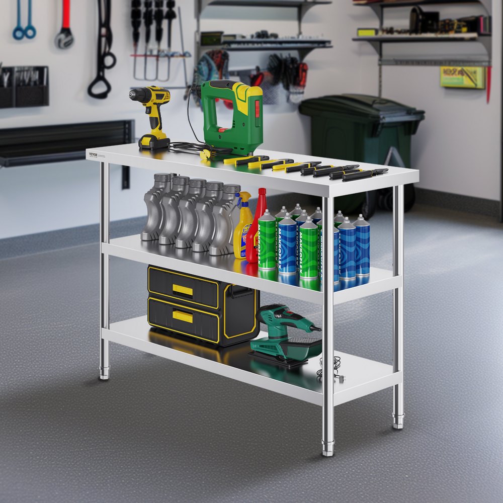 VEVOR Stainless Steel Food Prep Table, 18 x 48 x 34 Inch Commercial Kitchen Worktable, with 2 Adjustable Undershelf
