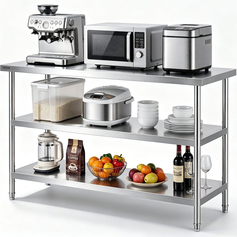 VEVOR Stainless Steel Food Prep Table, 18 x 48 x 34 Inch Commercial Kitchen Worktable, with 2 Adjustable Undershelf