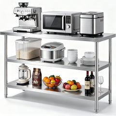 VEVOR Stainless Steel Food Prep Table, 18 x 48 x 34 Inch Commercial Kitchen Worktable, with 2 Adjustable Undershelf