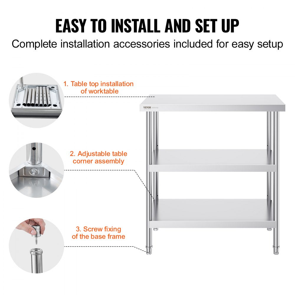 VEVOR Stainless Steel Food Prep Table, 18 x 36 x 34 Inch Commercial Kitchen Worktable, with 2 Adjustable Undershelf
