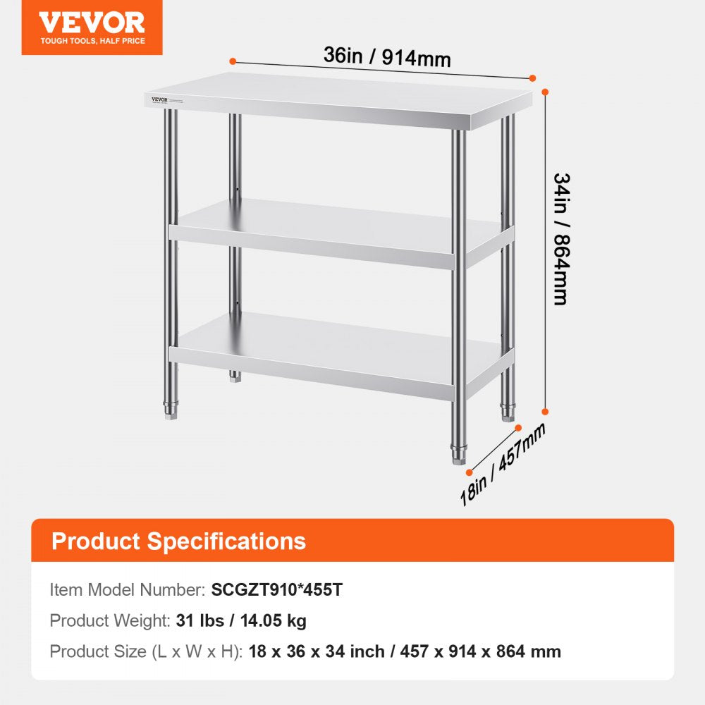 VEVOR Stainless Steel Food Prep Table, 18 x 36 x 34 Inch Commercial Kitchen Worktable, with 2 Adjustable Undershelf