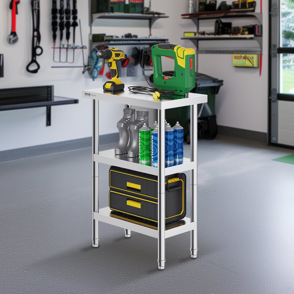 VEVOR Stainless Steel Food Prep Table, 14 x 24 x 34 Inch Commercial Kitchen Worktable, with 2 Adjustable Undershelf