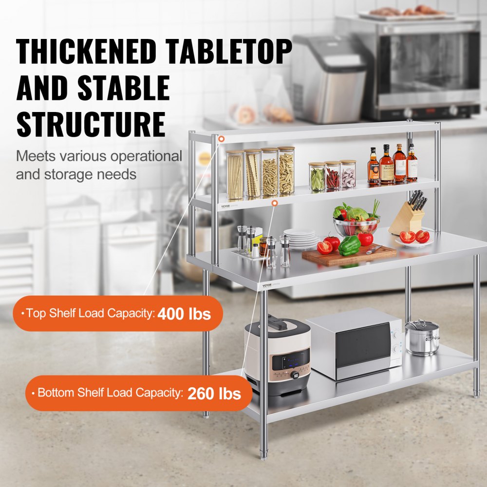 VEVOR Double Overshelf, Double Tier Stainless Steel Overshelf, 12 x 60 Inch Double Deck Overshelf, Height Adjustable