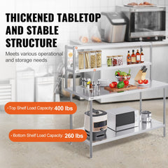 VEVOR Double Overshelf, Double Tier Stainless Steel Overshelf, 12 x 60 Inch Double Deck Overshelf, Height Adjustable