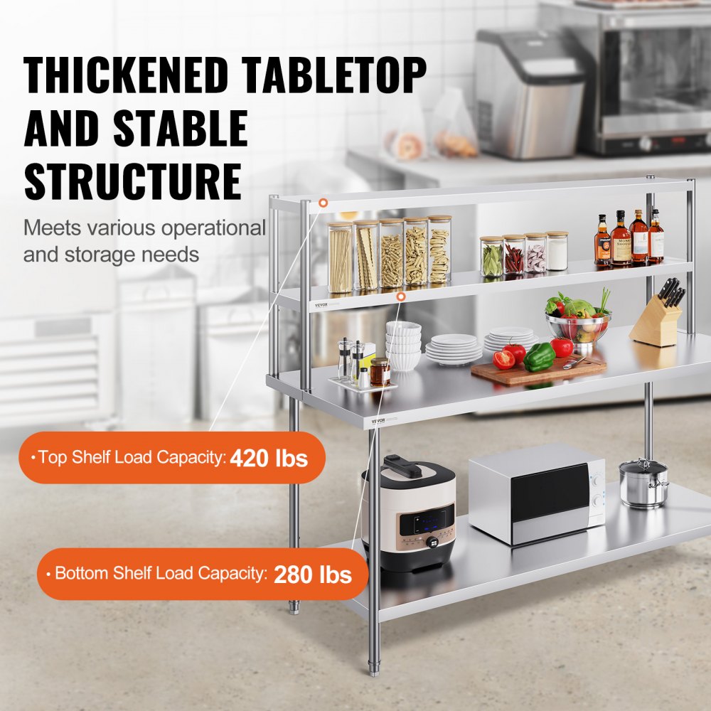 VEVOR Double Overshelf, Double Tier Stainless Steel Overshelf, 12 x 72 Inch Double Deck Overshelf, Height Adjustable