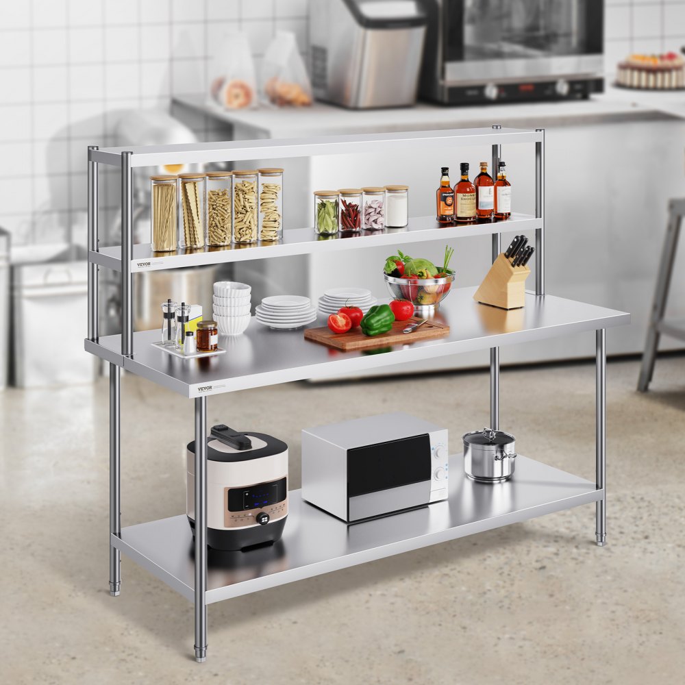 VEVOR Double Overshelf, Double Tier Stainless Steel Overshelf, 12 x 72 Inch Double Deck Overshelf, Height Adjustable