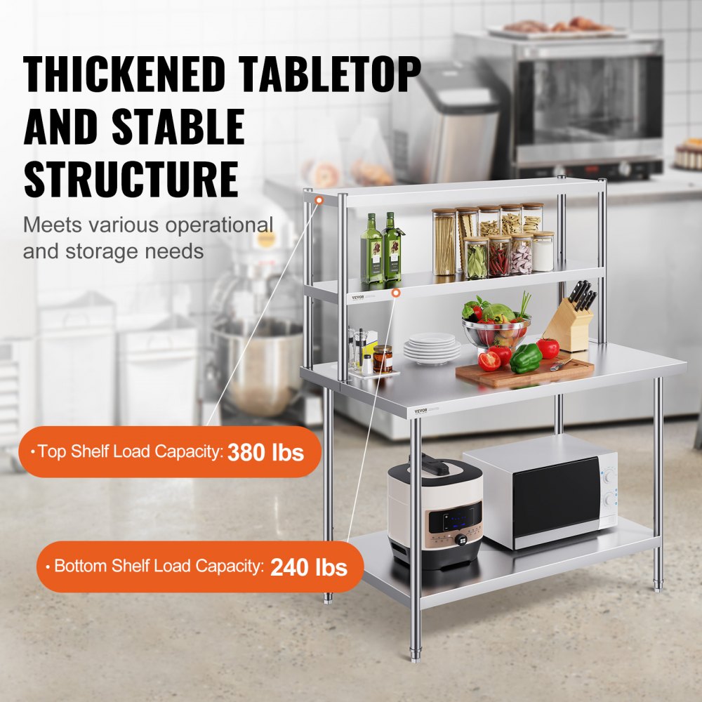 VEVOR Double Overshelf, Double Tier Stainless Steel Overshelf, 12 x 48 Inch Double Deck Overshelf, Height Adjustable