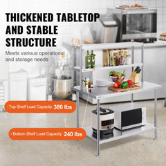 VEVOR Double Overshelf, Double Tier Stainless Steel Overshelf, 12 x 48 Inch Double Deck Overshelf, Height Adjustable