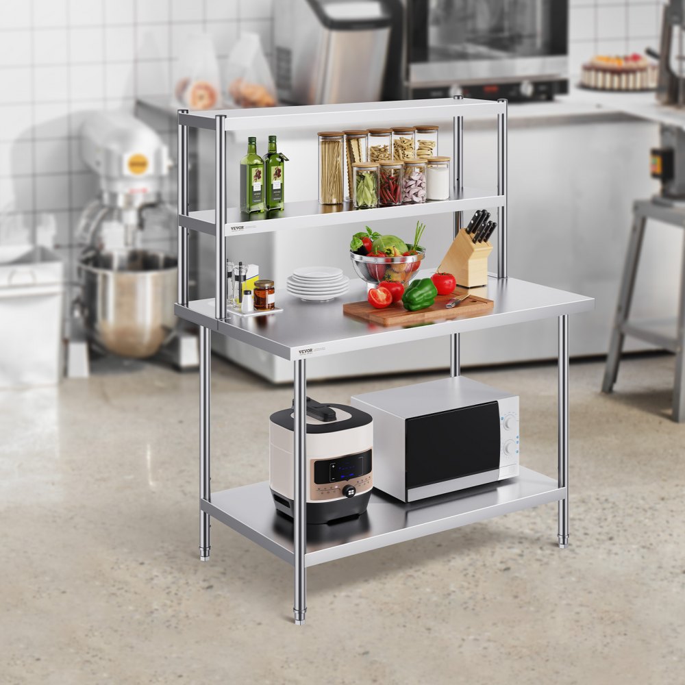 VEVOR Double Overshelf, Double Tier Stainless Steel Overshelf, 12 x 48 Inch Double Deck Overshelf, Height Adjustable