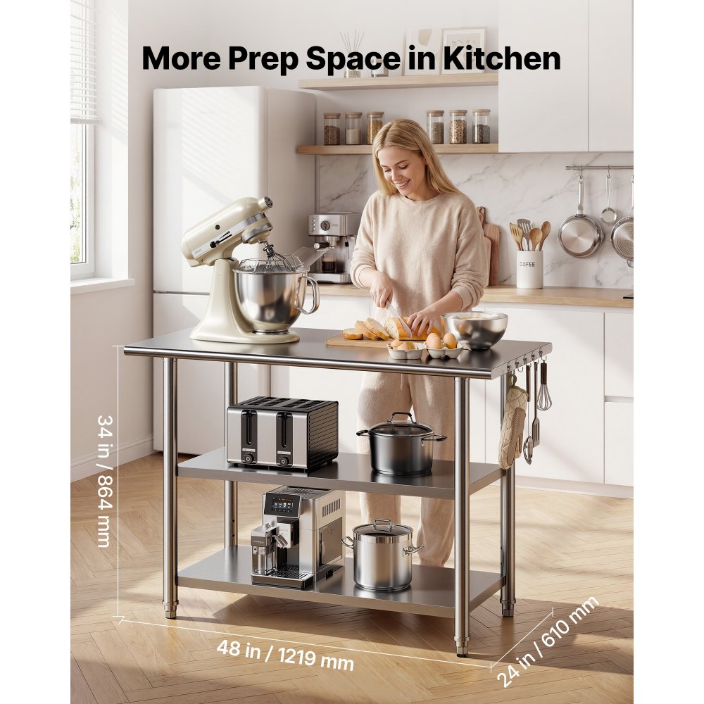 VEVOR Stainless Steel Work Table, 24x48 Inch Food Prep Table with 2 Shelves, Commercial Kitchen Workstation, Metal