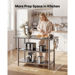 VEVOR Stainless Steel Work Table, 24x48 Inch Food Prep Table with 2 Shelves, Commercial Kitchen Workstation, Metal