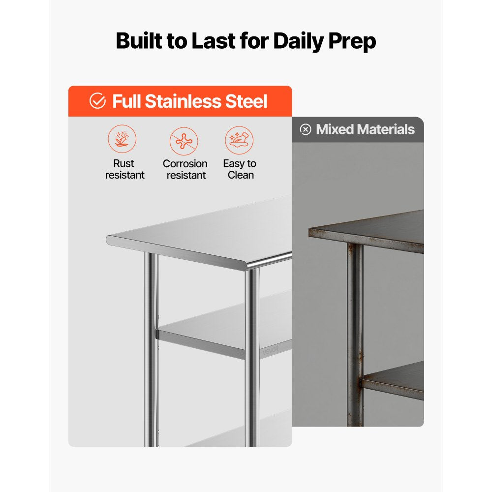 VEVOR Stainless Steel Work Table, 24x48 Inch Food Prep Table with 2 Shelves, Commercial Kitchen Workstation, Metal