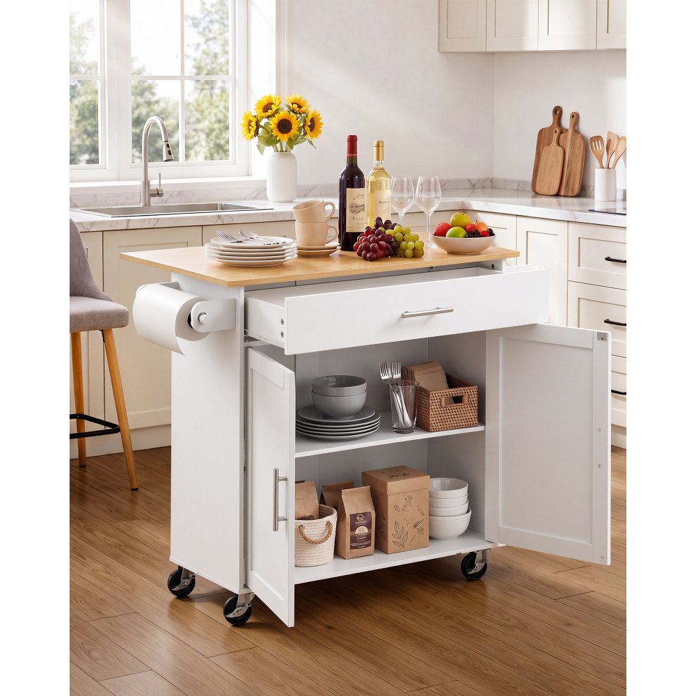 VEVOR Kitchen Island Cart with Storage, 42.28 in Wide Mobile Rolling Storage Island on Swivel Wheels, with Drawer