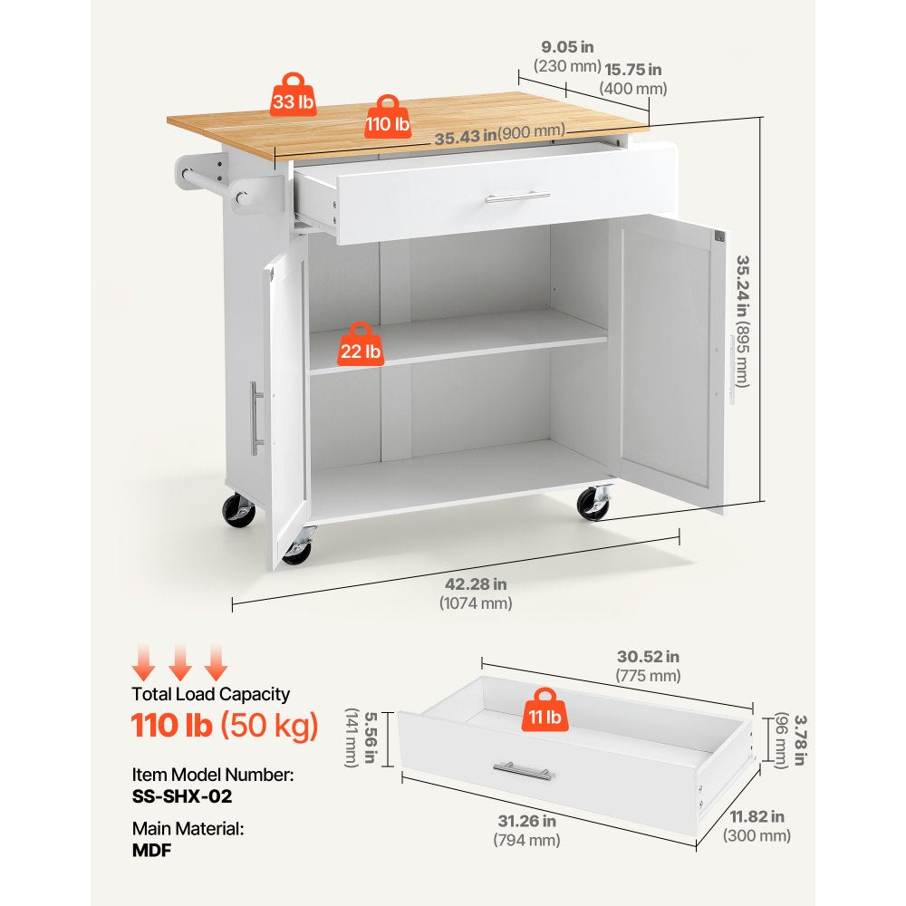 VEVOR Kitchen Island Cart with Storage, 42.28 in Wide Mobile Rolling Storage Island on Swivel Wheels, with Drawer