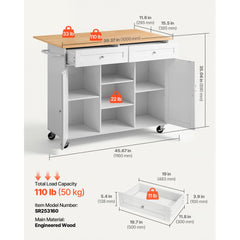 VEVOR Kitchen Island Cart with Storage, 45.67 in Wide Mobile Rolling Storage Island on Swivel Wheels, with 2 Drawers