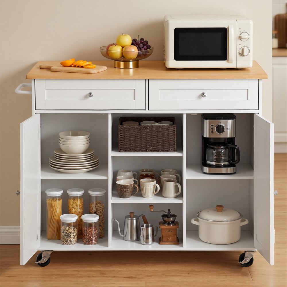 VEVOR Kitchen Island Cart with Storage, 45.67 in Wide Mobile Rolling Storage Island on Swivel Wheels, with 2 Drawers