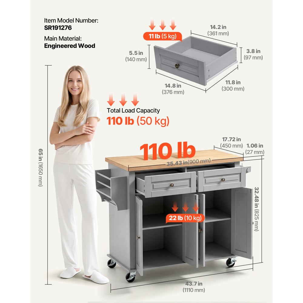 VEVOR Kitchen Island Cart with Storage, 43.7 in Wide Mobile Rolling Storage Island on Swivel Wheels, with 2 Drawers