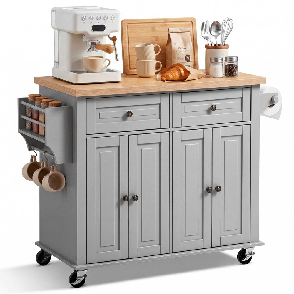 VEVOR Kitchen Island Cart with Storage, 43.7 in Wide Mobile Rolling Storage Island on Swivel Wheels, with 2 Drawers