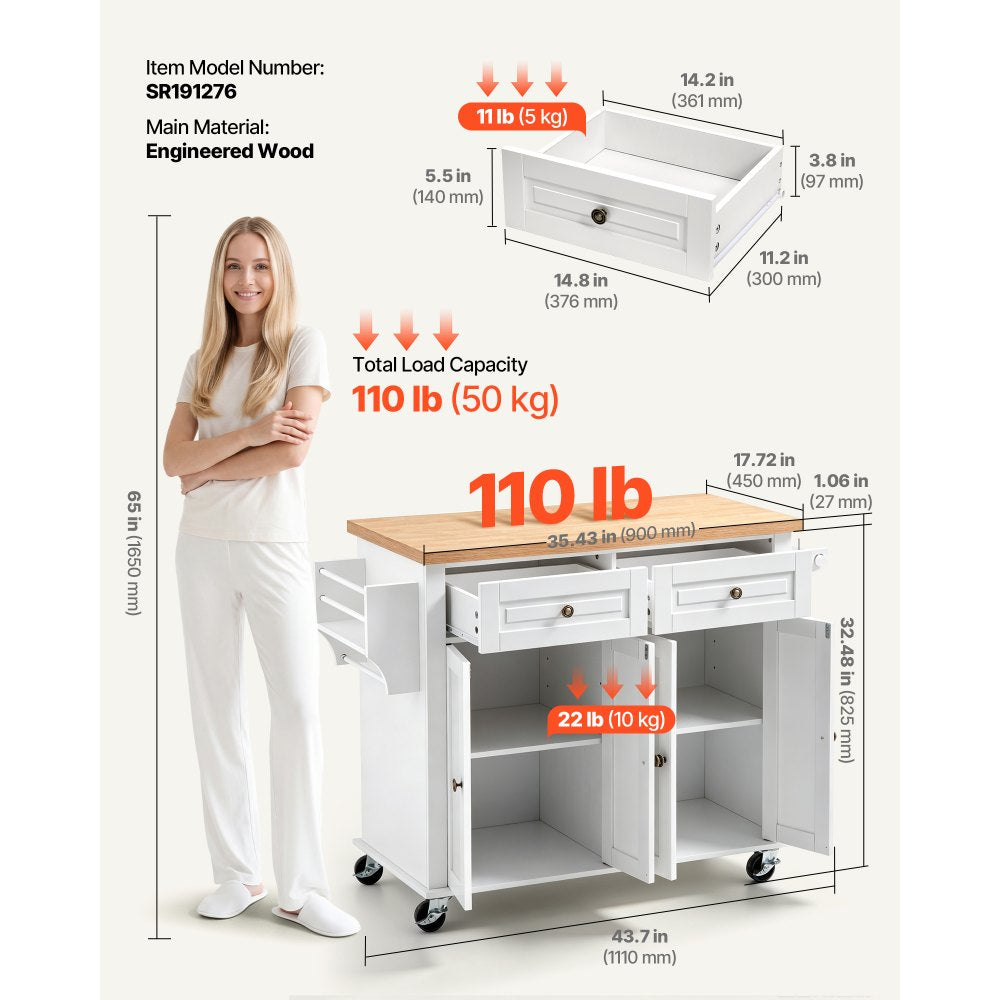 VEVOR Kitchen Island Cart with Storage, 43.7 in Wide Mobile Rolling Storage Island on Swivel Wheels, with 2 Drawers