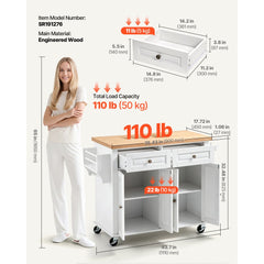 VEVOR Kitchen Island Cart with Storage, 43.7 in Wide Mobile Rolling Storage Island on Swivel Wheels, with 2 Drawers