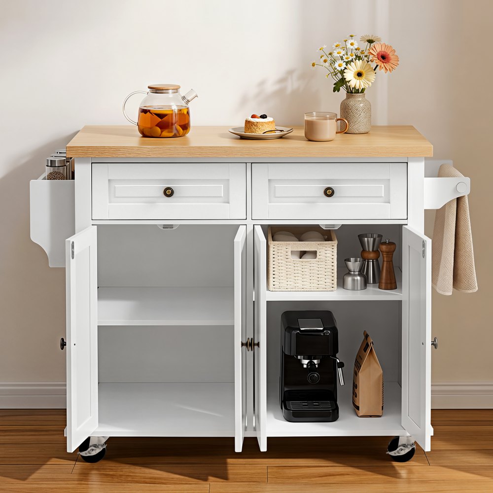 VEVOR Kitchen Island Cart with Storage, 43.7 in Wide Mobile Rolling Storage Island on Swivel Wheels, with 2 Drawers