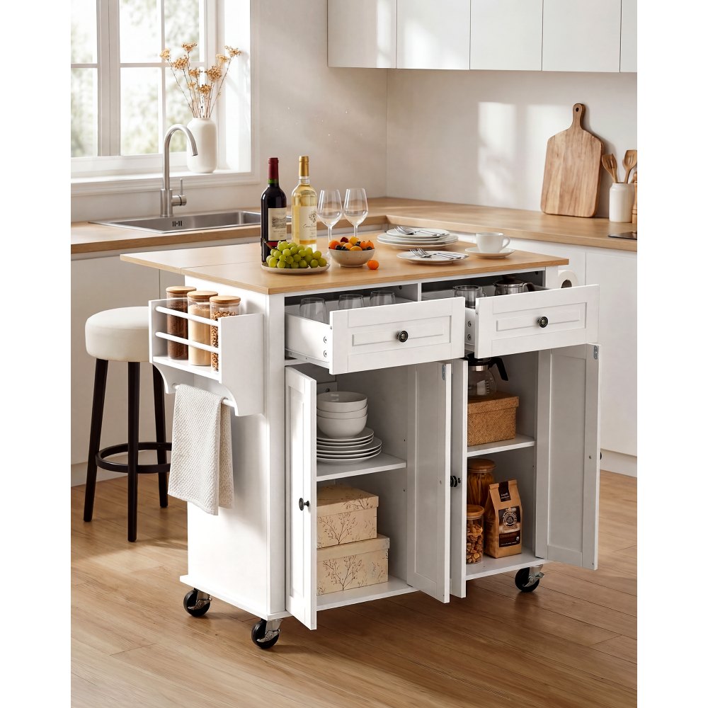 VEVOR Kitchen Island Cart with Storage, 43.58 in Wide Mobile Rolling Storage Island on Swivel Wheels, with 2 Drawers