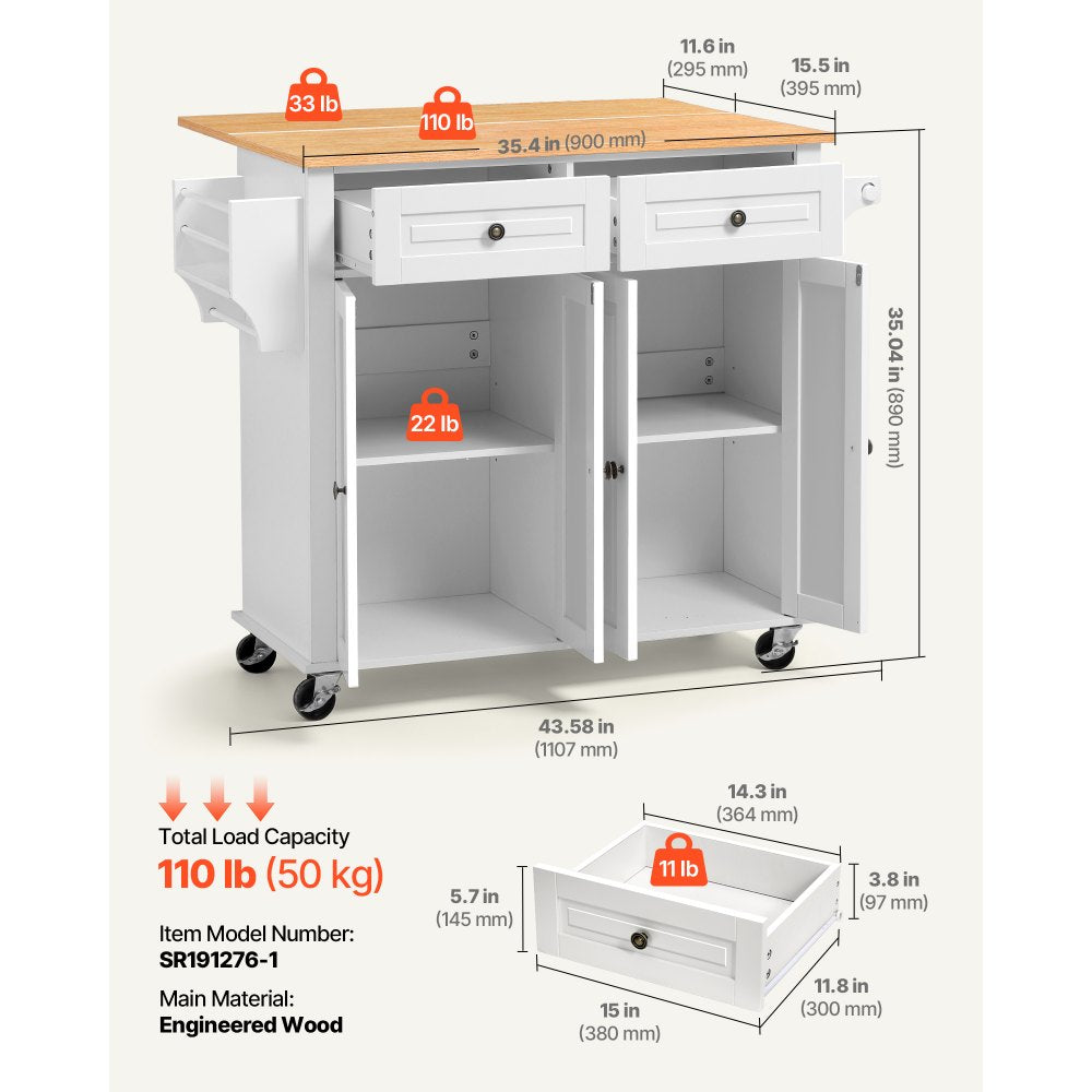 VEVOR Kitchen Island Cart with Storage, 43.58 in Wide Mobile Rolling Storage Island on Swivel Wheels, with 2 Drawers