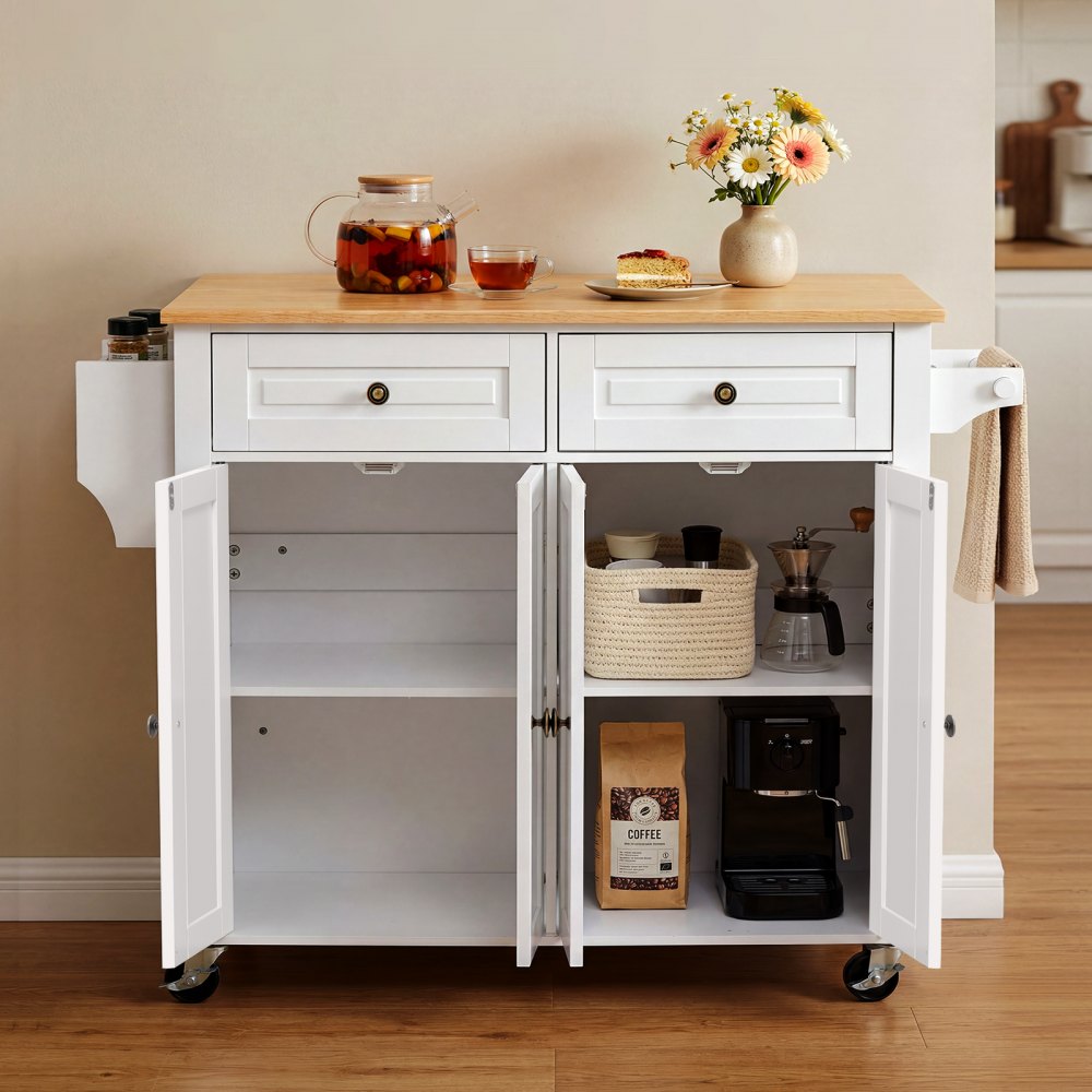 VEVOR Kitchen Island Cart with Storage, 43.58 in Wide Mobile Rolling Storage Island on Swivel Wheels, with 2 Drawers