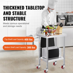 VEVOR Stainless Steel Work Table 24 x 18 x 34 Inch, 700 LBS Load Capacity with 4 Wheels, 3 Adjustable Height Levels