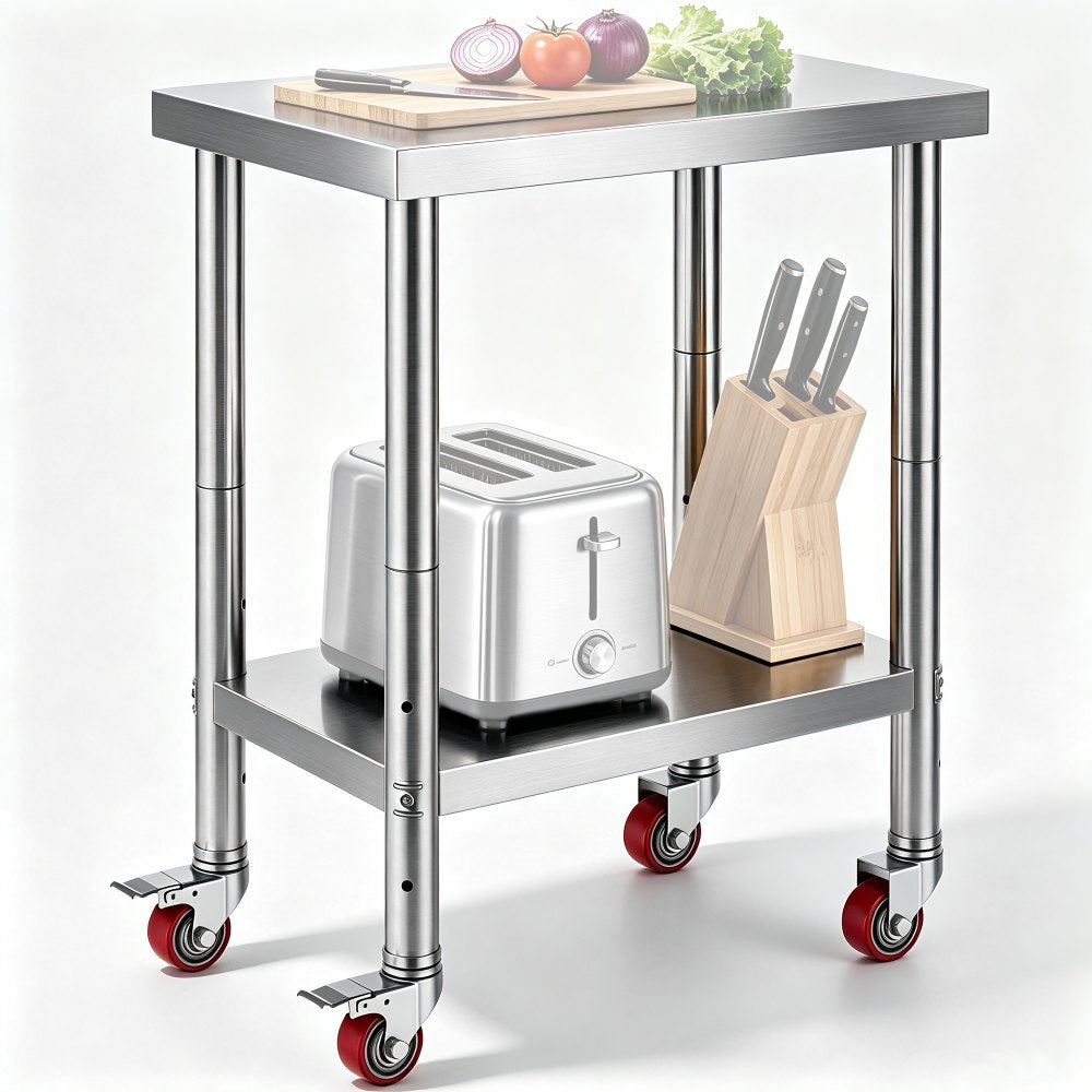 VEVOR Stainless Steel Work Table 24 x 18 x 34 Inch, 700 LBS Load Capacity with 4 Wheels, 3 Adjustable Height Levels