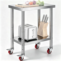 VEVOR Stainless Steel Work Table 24 x 18 x 34 Inch, 700 LBS Load Capacity with 4 Wheels, 3 Adjustable Height Levels