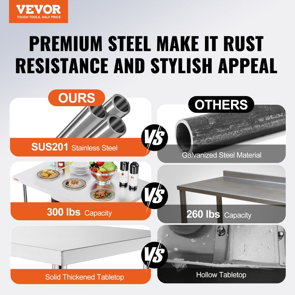 VEVOR Folding Commercial Prep Table, 48 x 24 Inch Commercial Worktable Workstation, Heavy-duty Stainless Steel Folding