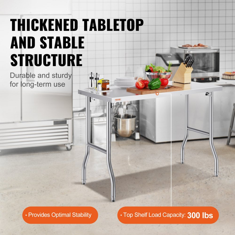 VEVOR Folding Commercial Prep Table, 48 x 24 Inch Commercial Worktable Workstation, Heavy-duty Stainless Steel Folding