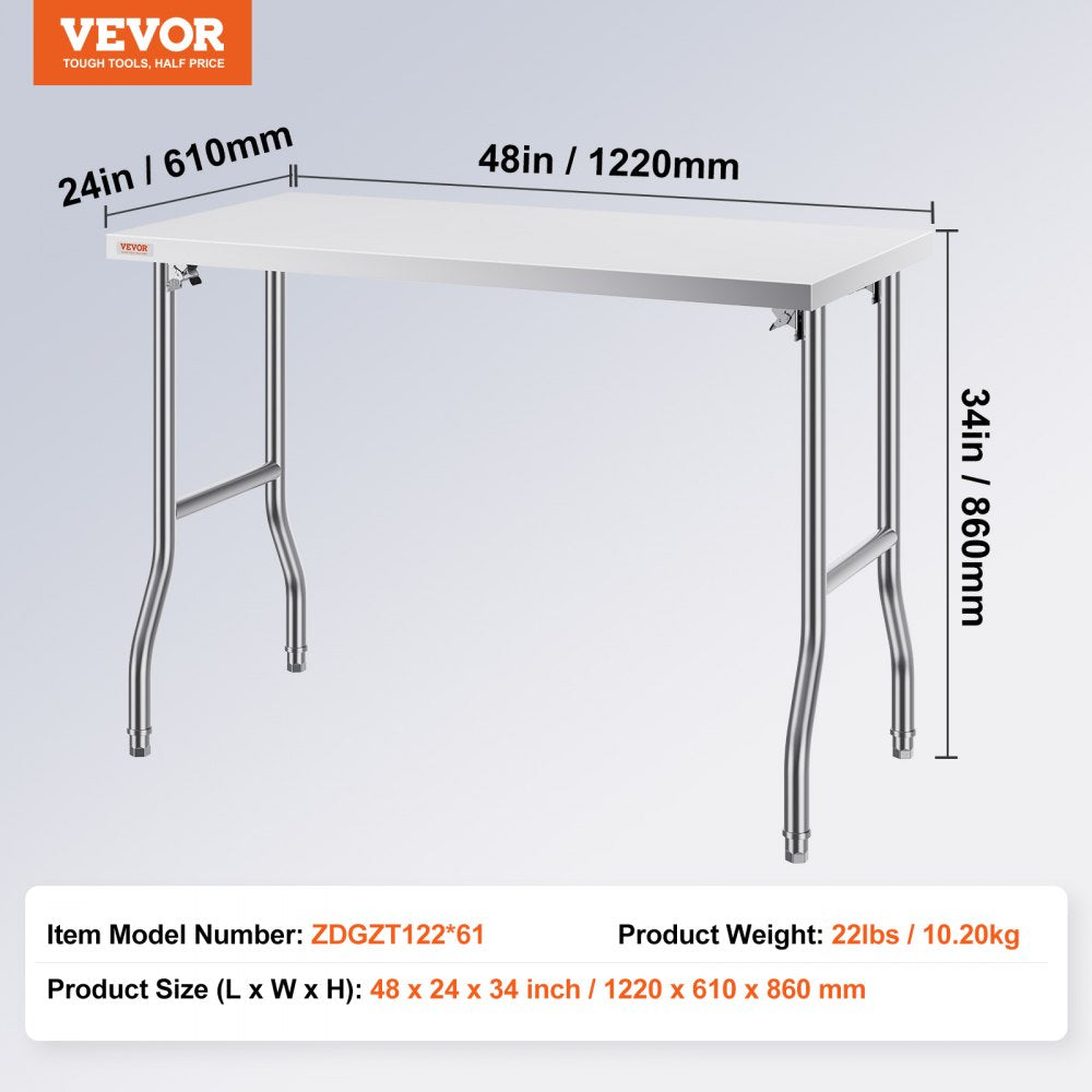 VEVOR Folding Commercial Prep Table, 48 x 24 Inch Commercial Worktable Workstation, Heavy-duty Stainless Steel Folding