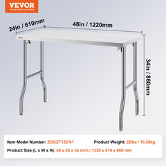 VEVOR Folding Commercial Prep Table, 48 x 24 Inch Commercial Worktable Workstation, Heavy-duty Stainless Steel Folding