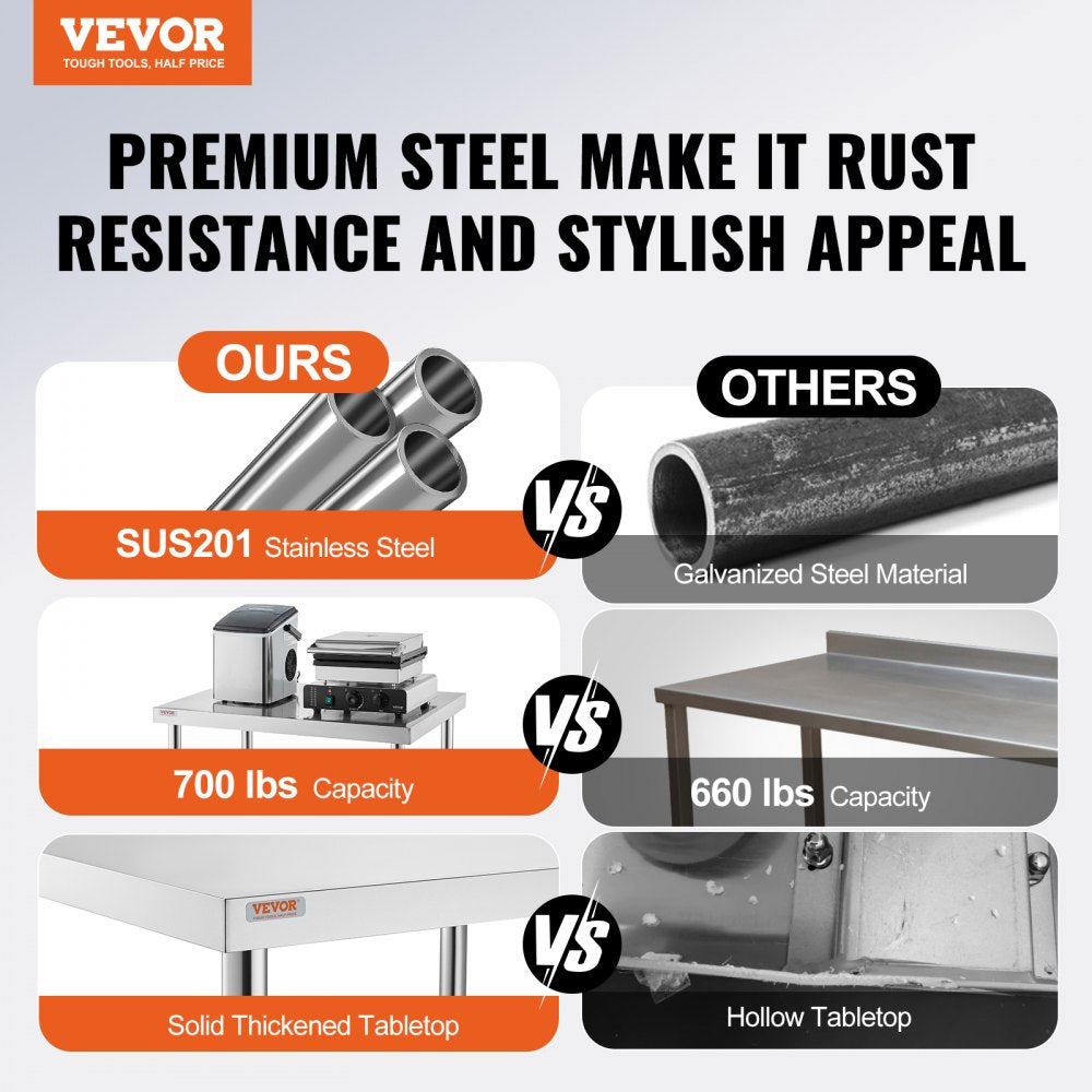 VEVOR Stainless Steel Work Table 30 x 18 x 34 Inch, 700 LBS Load Capacity with 4 Wheels, 3 Adjustable Height Levels