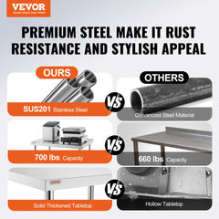 VEVOR Stainless Steel Work Table 30 x 18 x 34 Inch, 700 LBS Load Capacity with 4 Wheels, 3 Adjustable Height Levels