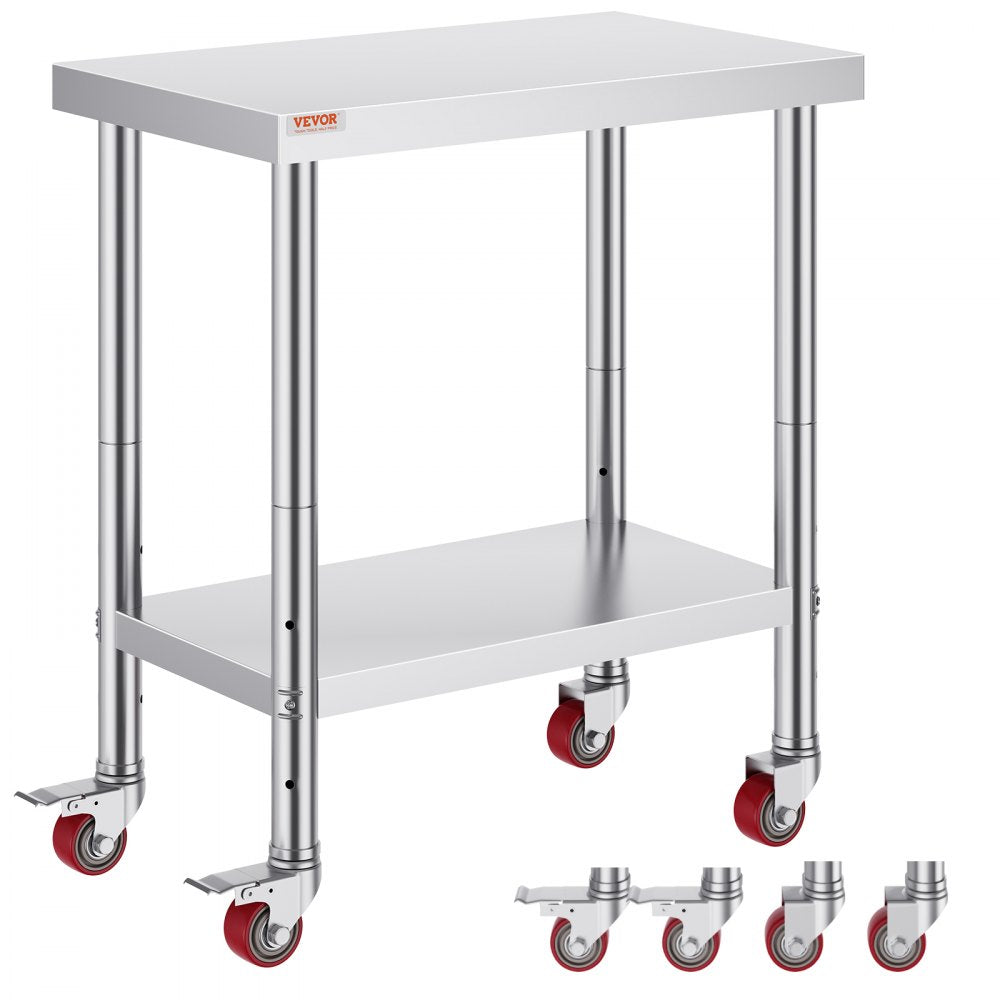 VEVOR Stainless Steel Work Table 30 x 18 x 34 Inch, 700 LBS Load Capacity with 4 Wheels, 3 Adjustable Height Levels