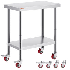 VEVOR Stainless Steel Work Table 30 x 18 x 34 Inch, 700 LBS Load Capacity with 4 Wheels, 3 Adjustable Height Levels