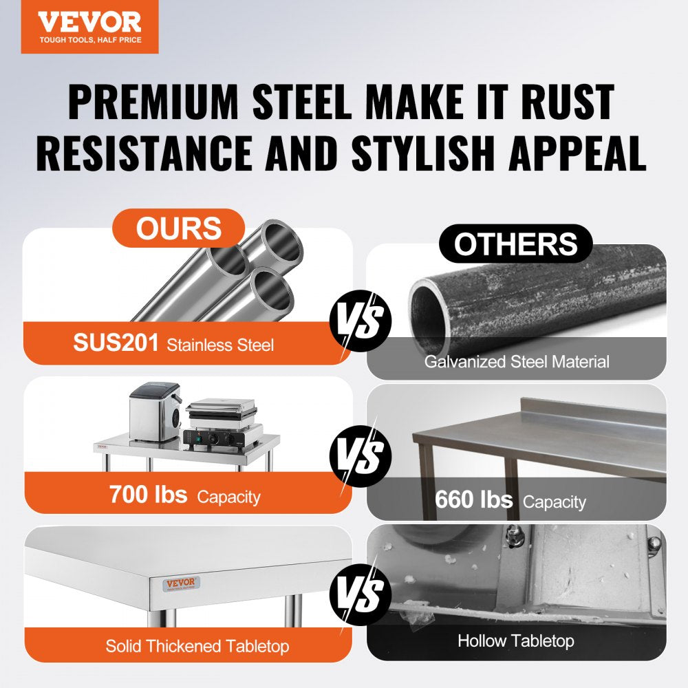 VEVOR Stainless Steel Work Table 36 x 30 x 34 Inch, 700 LBS Load Capacity with 4 Wheels, 3 Adjustable Height Levels