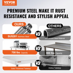 VEVOR Stainless Steel Work Table 36 x 30 x 34 Inch, 700 LBS Load Capacity with 4 Wheels, 3 Adjustable Height Levels