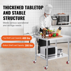 VEVOR Stainless Steel Work Table 36 x 30 x 34 Inch, 700 LBS Load Capacity with 4 Wheels, 3 Adjustable Height Levels