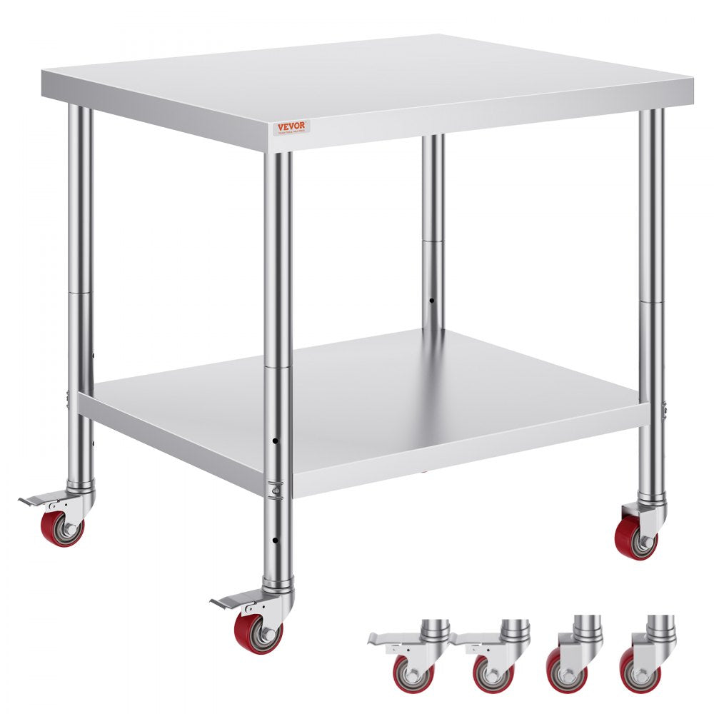 VEVOR Stainless Steel Work Table 36 x 30 x 34 Inch, 700 LBS Load Capacity with 4 Wheels, 3 Adjustable Height Levels