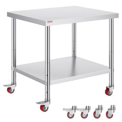 VEVOR Stainless Steel Work Table 36 x 30 x 34 Inch, 700 LBS Load Capacity with 4 Wheels, 3 Adjustable Height Levels