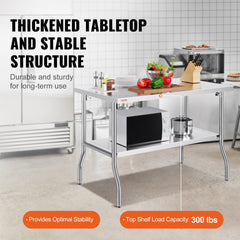 VEVOR Folding Commercial Prep Table, 48 x 30 Inch Commercial Worktable Workstation with Undershelf, Heavy-duty